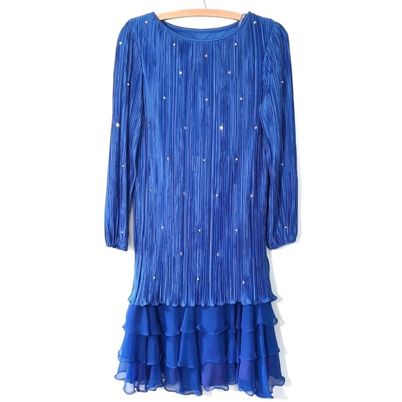 80s Drop Waist Formal Chiffon Dress Royal Blue Micro Pleat Midi Ruffle - Picture 1 of 11